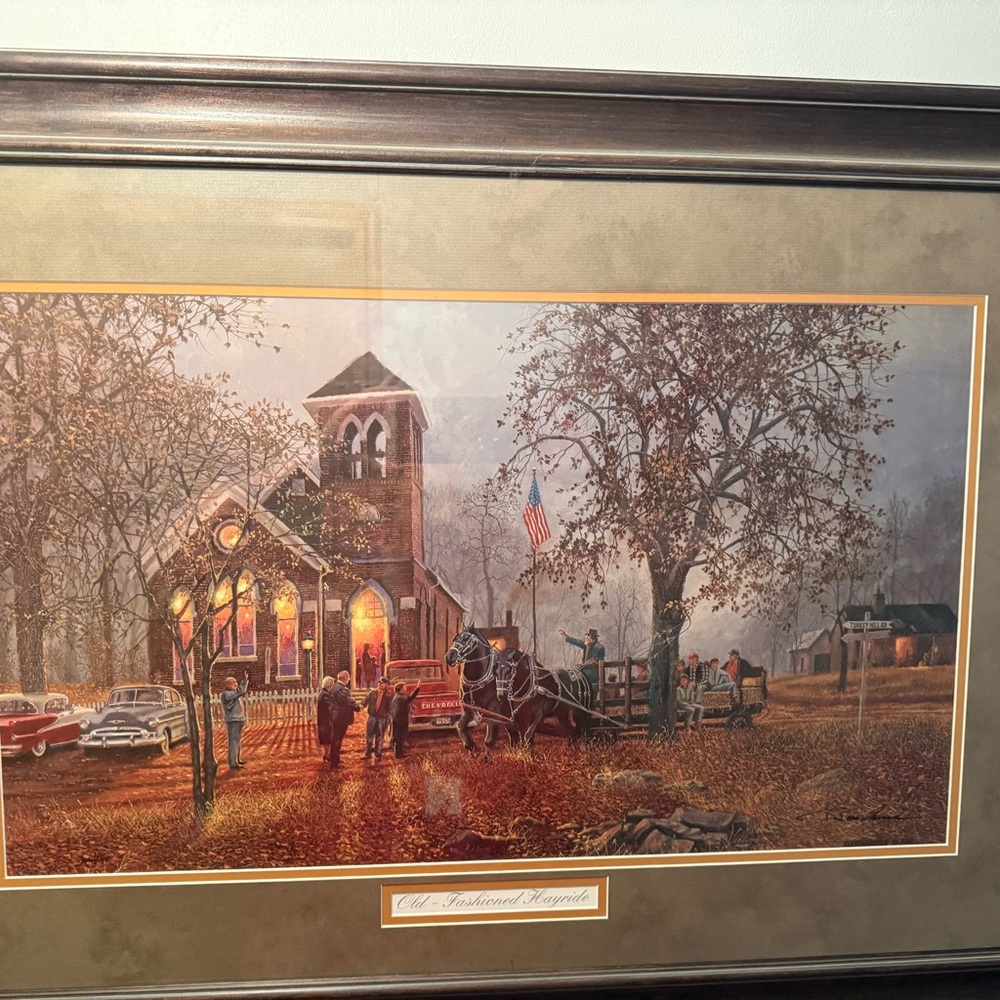 Old- Fashioned Hayride by Dave Barnhouse.  Framed Autumn Church Scene Art Print